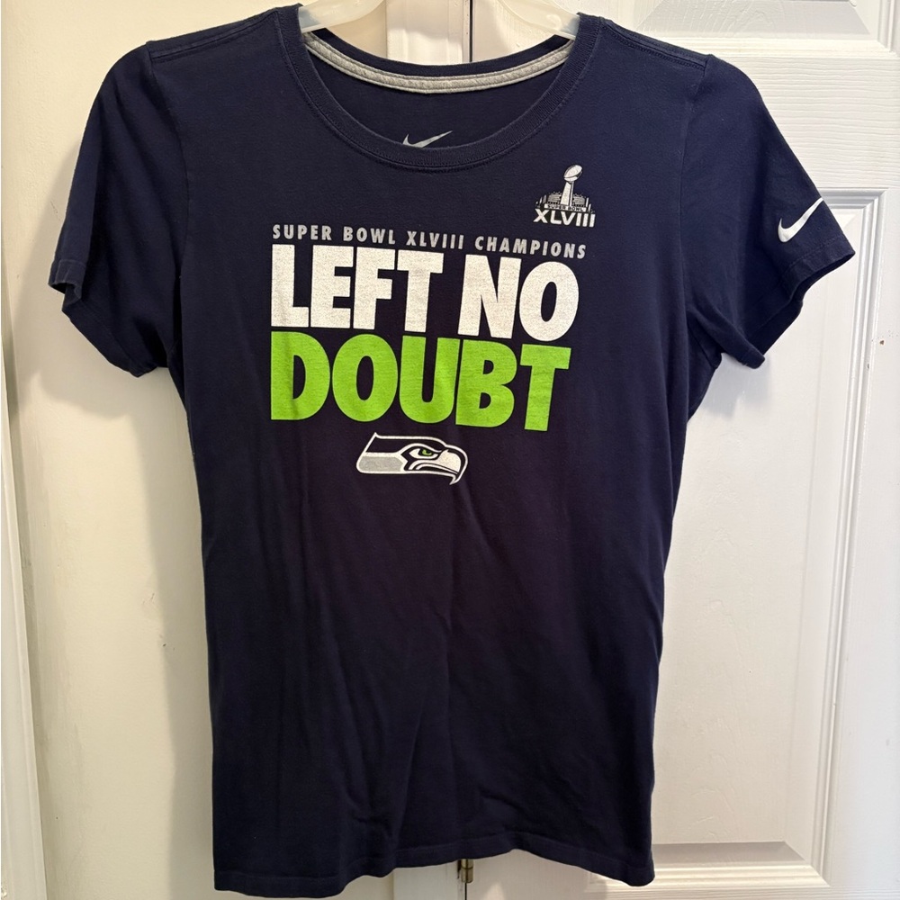 Seattle Seahawks “Left No Doubt” Nike NFL Super Bowl Champions Women’s Blue Tee.